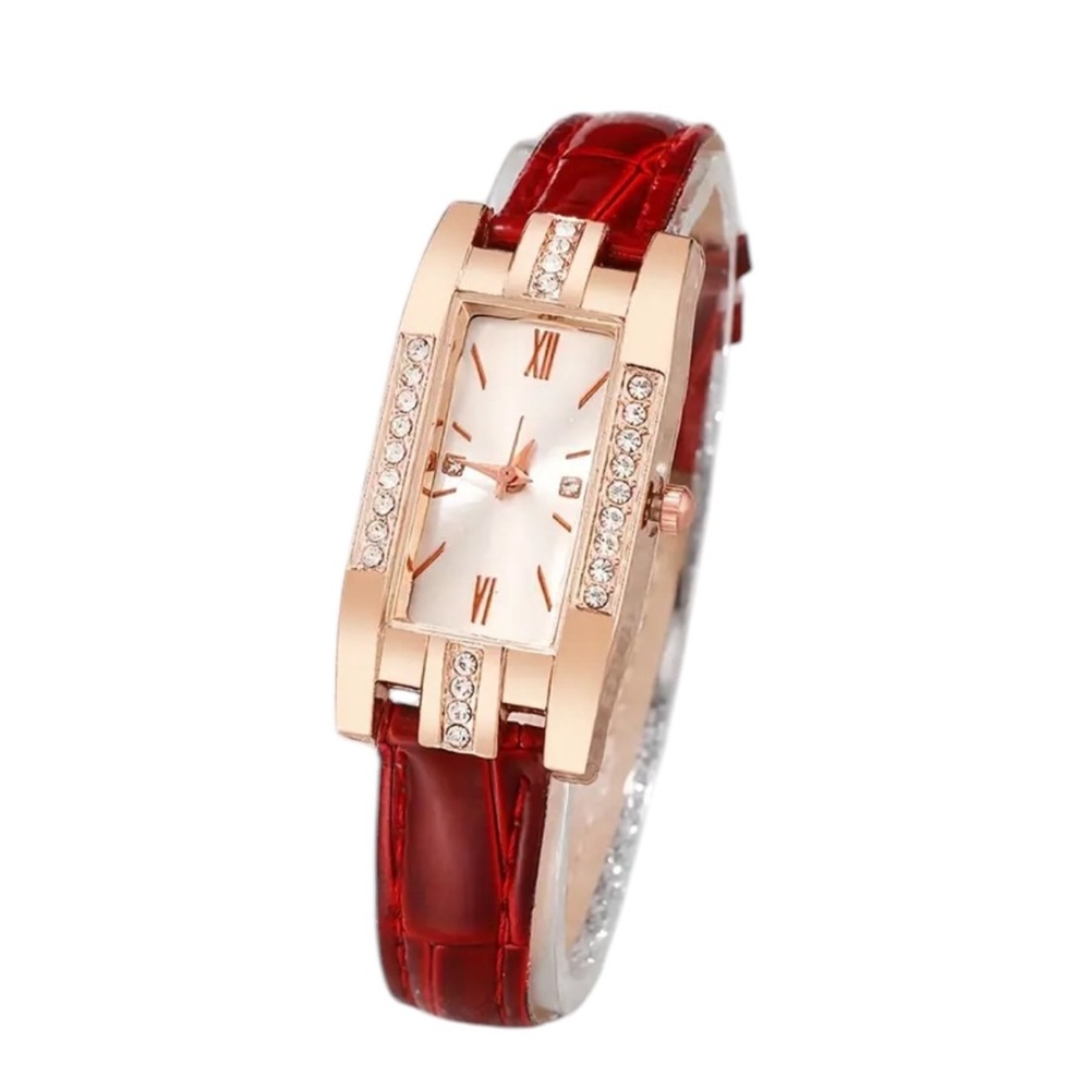 Burgundy Vegan Skin with Rhinestone Accented Quartz Watch
